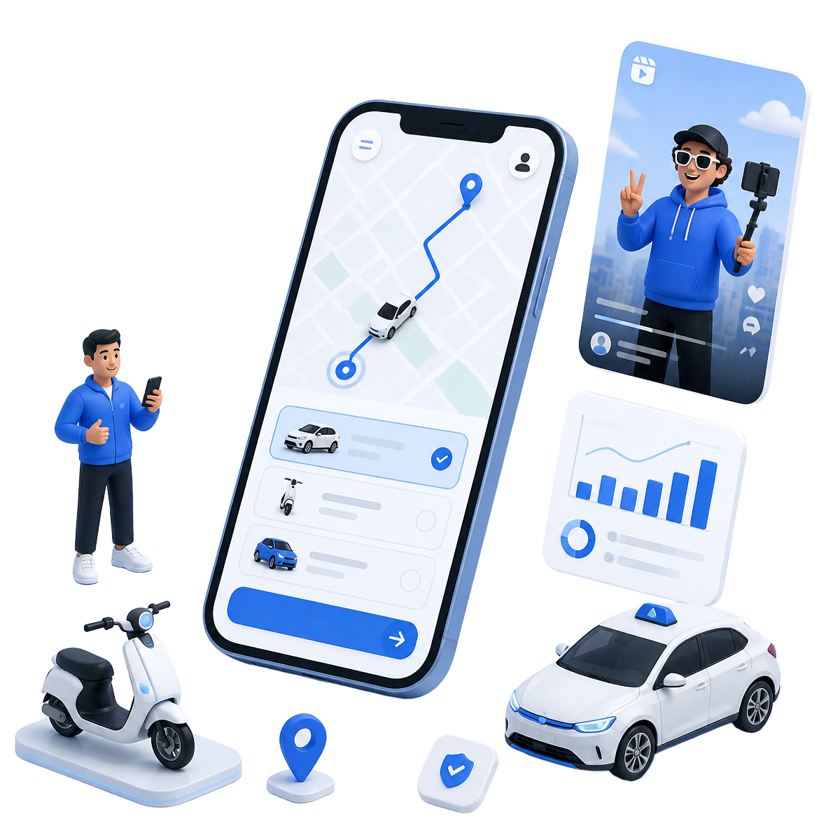 Mobility app with ride booking, EV scooter, taxi and creator content